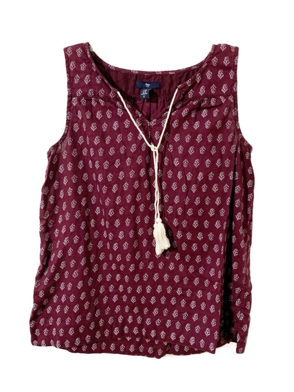 Gap Factory Cotton Boho Floral Print Sleeveless Blouse V-neck Tassel Closure